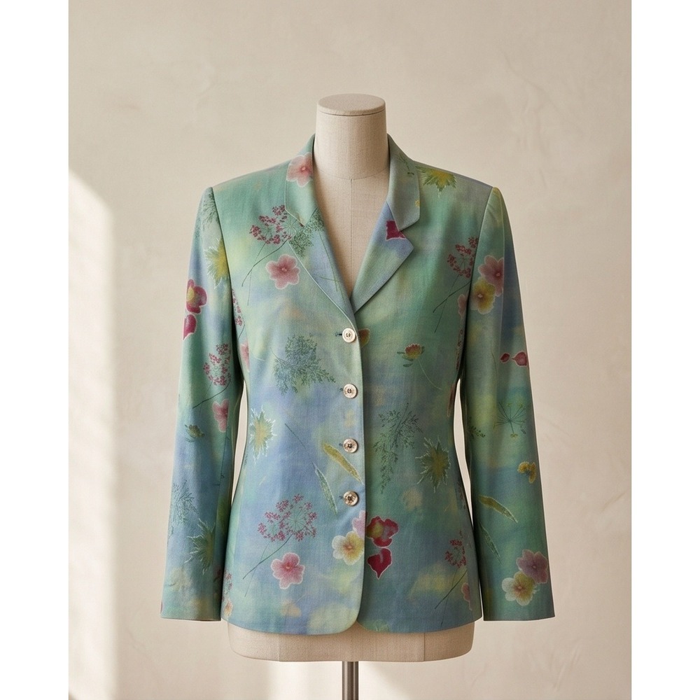 Platinum by Dorothy Schoelen 8‎ Green Vintage Floral Blazer Made in USA Linen
